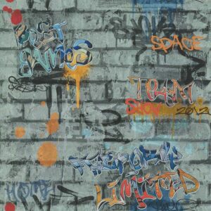 Papel de Parede Infantil Les Aventures 3 51135209 Teenager / Grafite Tons de Cinza Azul e Laranja
