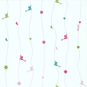 Papel de parede Les Aventures 3 51140803 Bichos e Flores Tons de Rosa, Branco, Azul e Verde