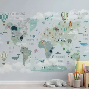 Adesivo de Parede Foto Mural Mapa-múndi com Animais e Balões MP | Consultar Prazo de Produção e envio |