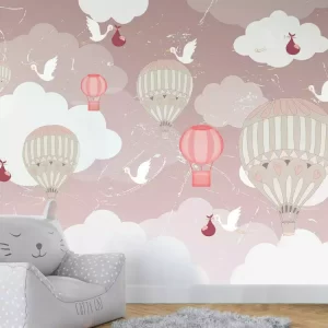 Adesivo de Parede Foto Mural Balões e Nuvens Rosas | Consultar Prazo de Produção e envio |