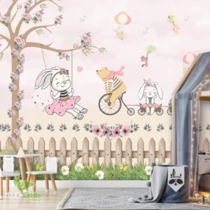Papel de Parede Adesivo Coelha Rosa no Balanço | Consultar Prazo de Produção e envio |
