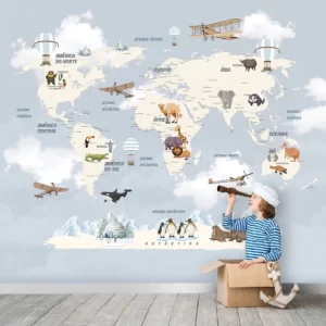 Papel de Parede Adesivo Safari Mapa Mundi Cinza | Consultar Prazo de Produção e envio |