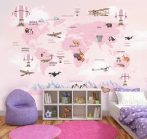 Papel de Parede Adesivo Safari Mapa Mundi Rosa | Consultar Prazo de Produção e envio |