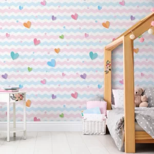 Papel de Parede Adesivo Chevron Colorido Rosa e Azul Com Corações Personalizado | Consultar Prazo de Produção e envio |
