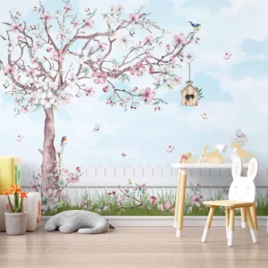 Papel de Parede Adesivo Jardim Encantado Árvore Floral e Borboletas |Consultar Prazo de Produção e envio |
