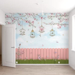 Papel de Parede Adesivo Jardim Encantado Gaiola Borboletas e Passaros | Consultar Prazo de Produção e envio |