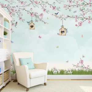 Papel de Parede Adesivo Jardim Encantado Verde Flores e Borboletas | Consultar Prazo de Produção e envio |