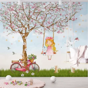 Papel de Parede Adesivo Menina no Jardim Árvore de Flores | Consultar Prazo de Produção e envio |