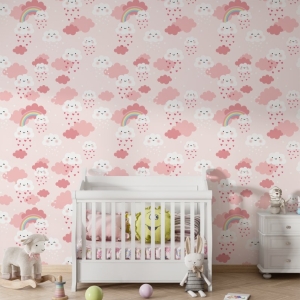 Papel de Parede Adesivo Nuvens Chuva de Corações Rosa | Consultar Prazo de Produção e envio |